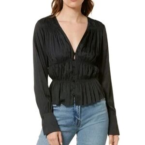 FRAME Shirred V-Neck Black Silky Blouse